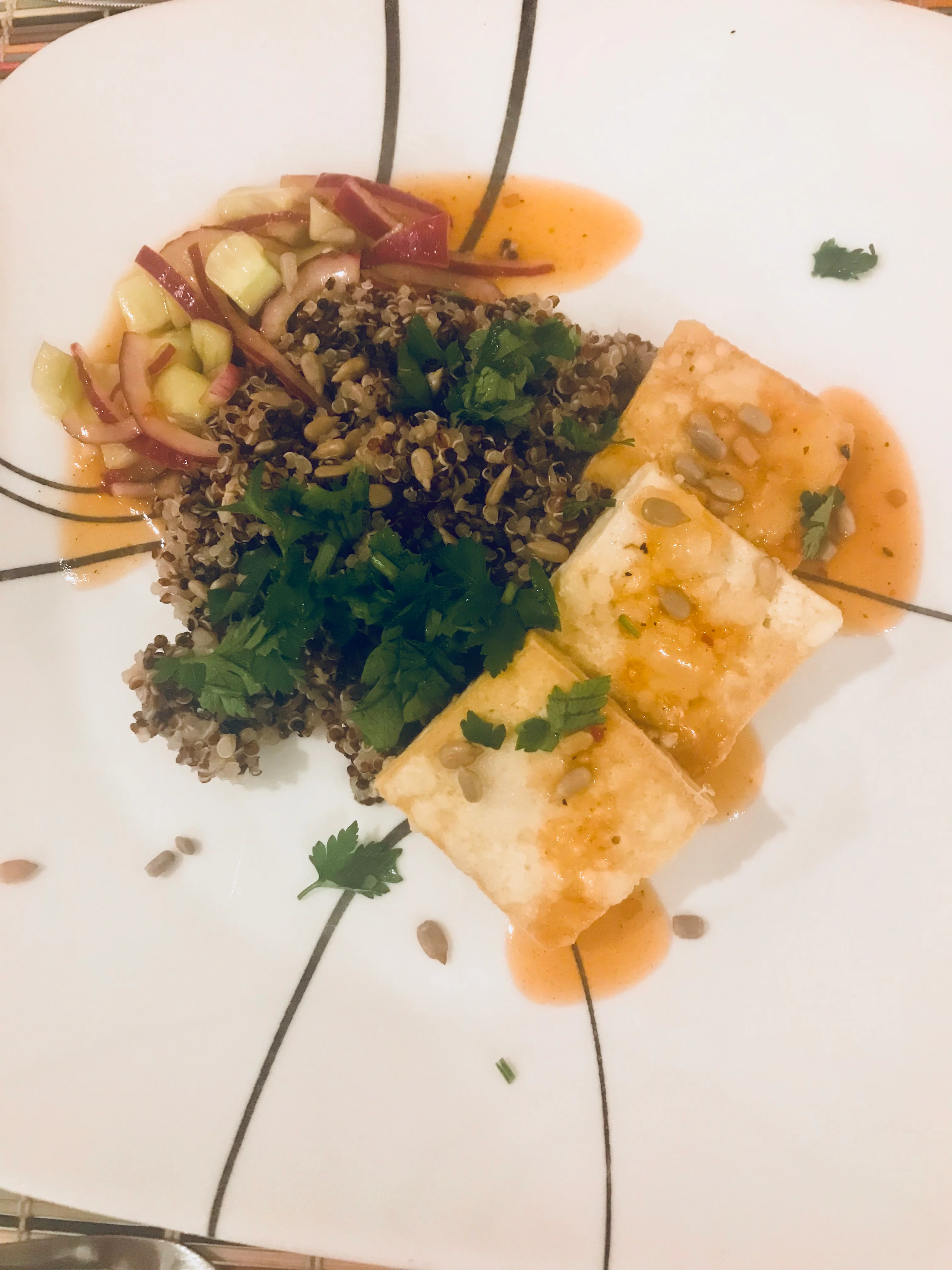 Crispy Tofu Quinoa Bowl with Pickled cucumber